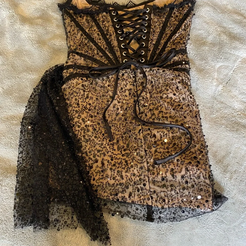 Heiress Black Sequin Corset Draped Mini Dress size small - Picture 8 of 10